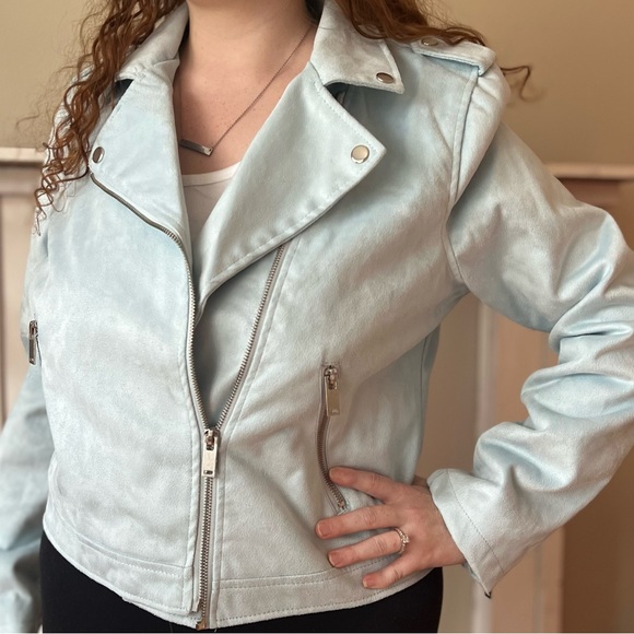 Outer Edge Ice Blue Faux Suede Edgy Moto Jacket Sz XL - Picture 3 of 14